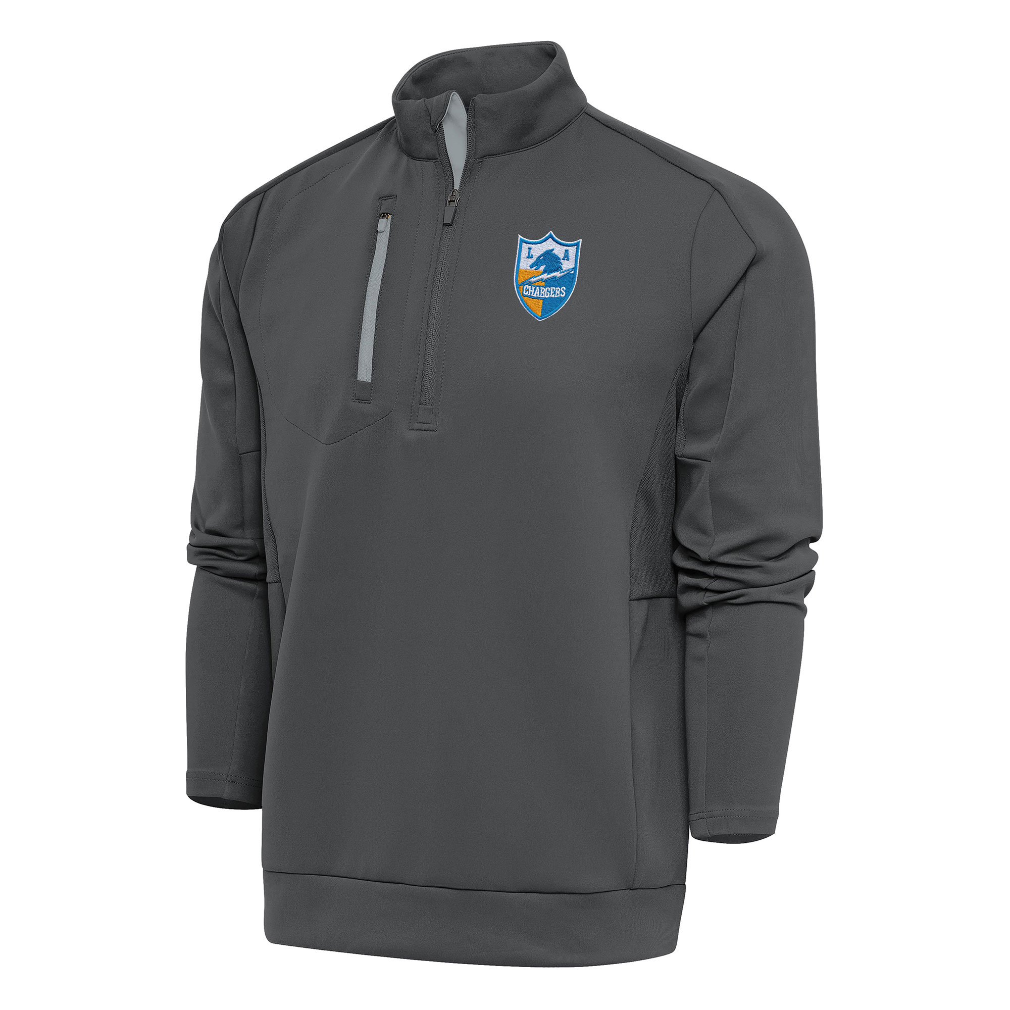 Men's Antigua Charcoal Los Angeles Chargers Team Logo Throwback Generation Quarter-Zip Pullover Top