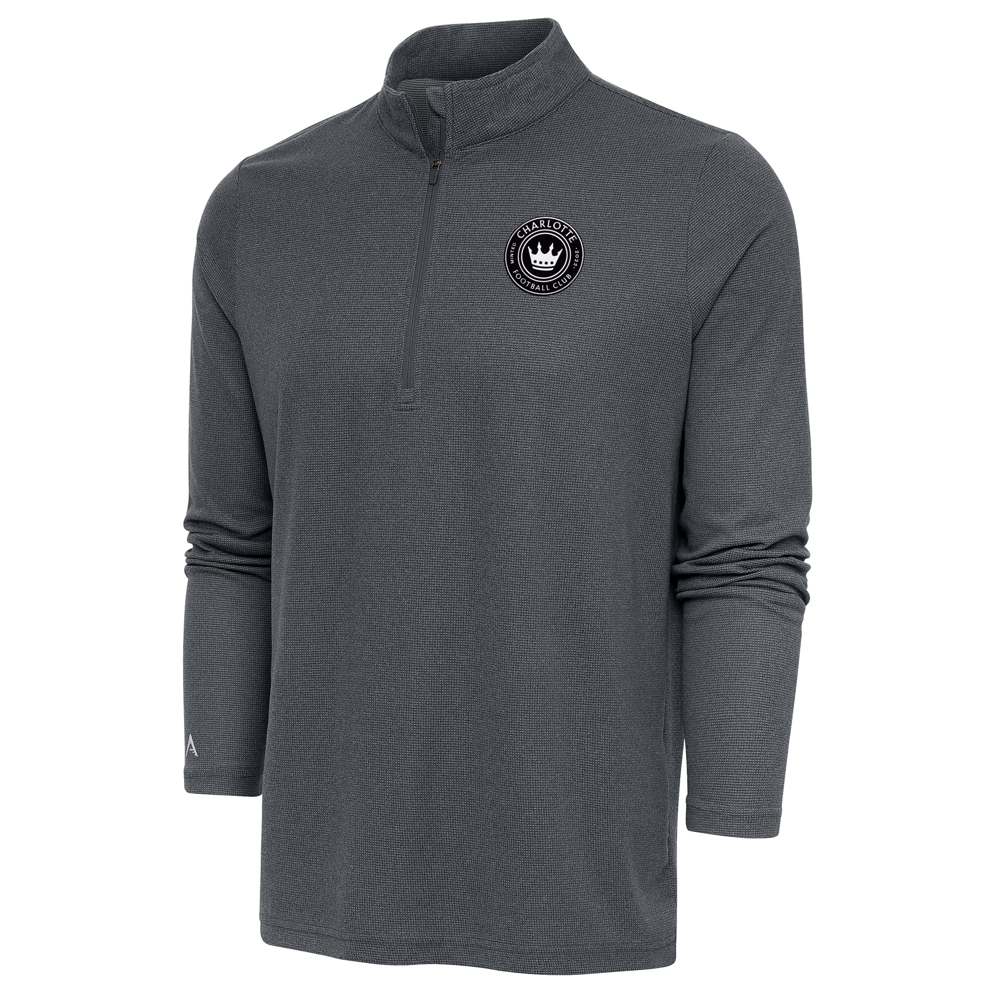 Men's Antigua Heather Charcoal Charlotte FC Brushed Metallic Logo Epic Quarter-Zip Pullover Top