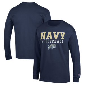 Men's Champion Navy Navy Midshipmen Stack Logo Volleyball Powerblend Long Sleeve T-Shirt