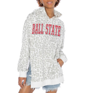 Women's Gameday Couture White Ball State Cardinals Home Team Advantage Leopard Print Oversized Side-Slit Pullover Hoodie