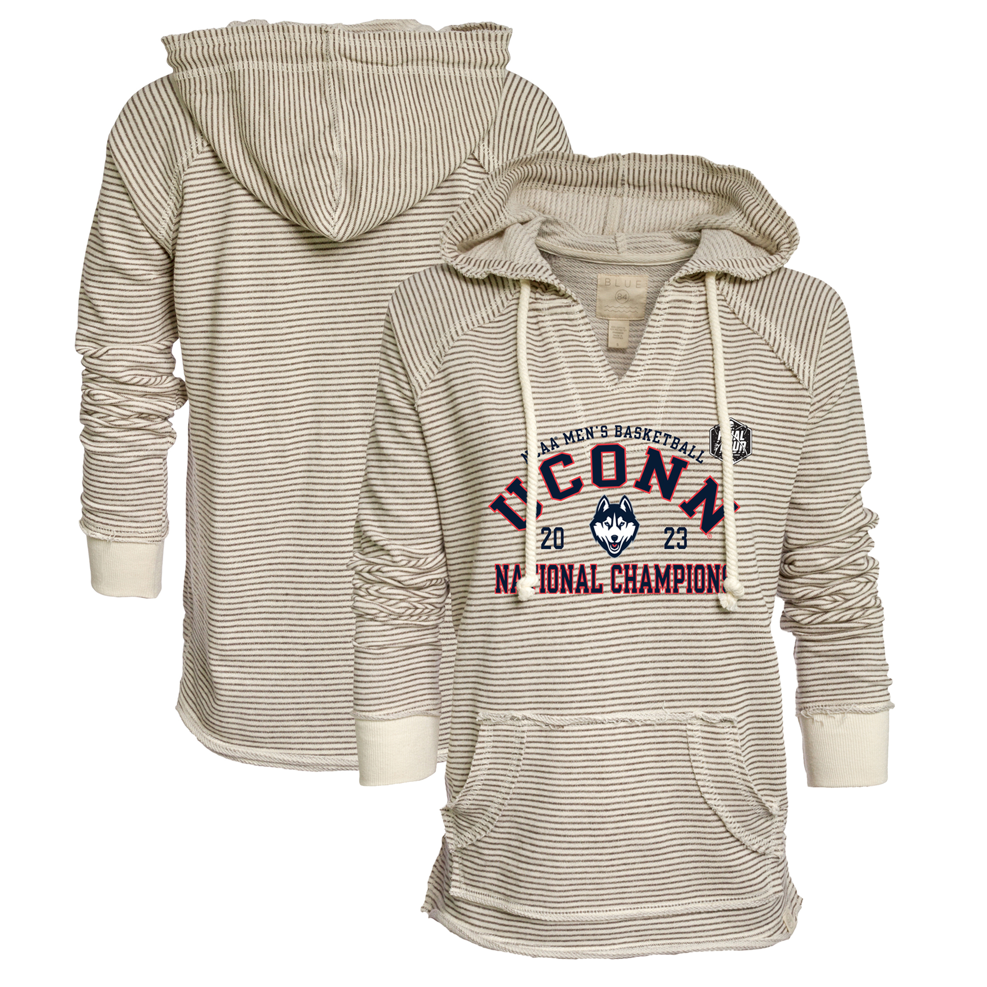 Women's Blue 84 Tan UConn Huskies 2023 NCAA Men's Basketball National Champions Huntington French Terry V-Neck Pullover Hoodie
