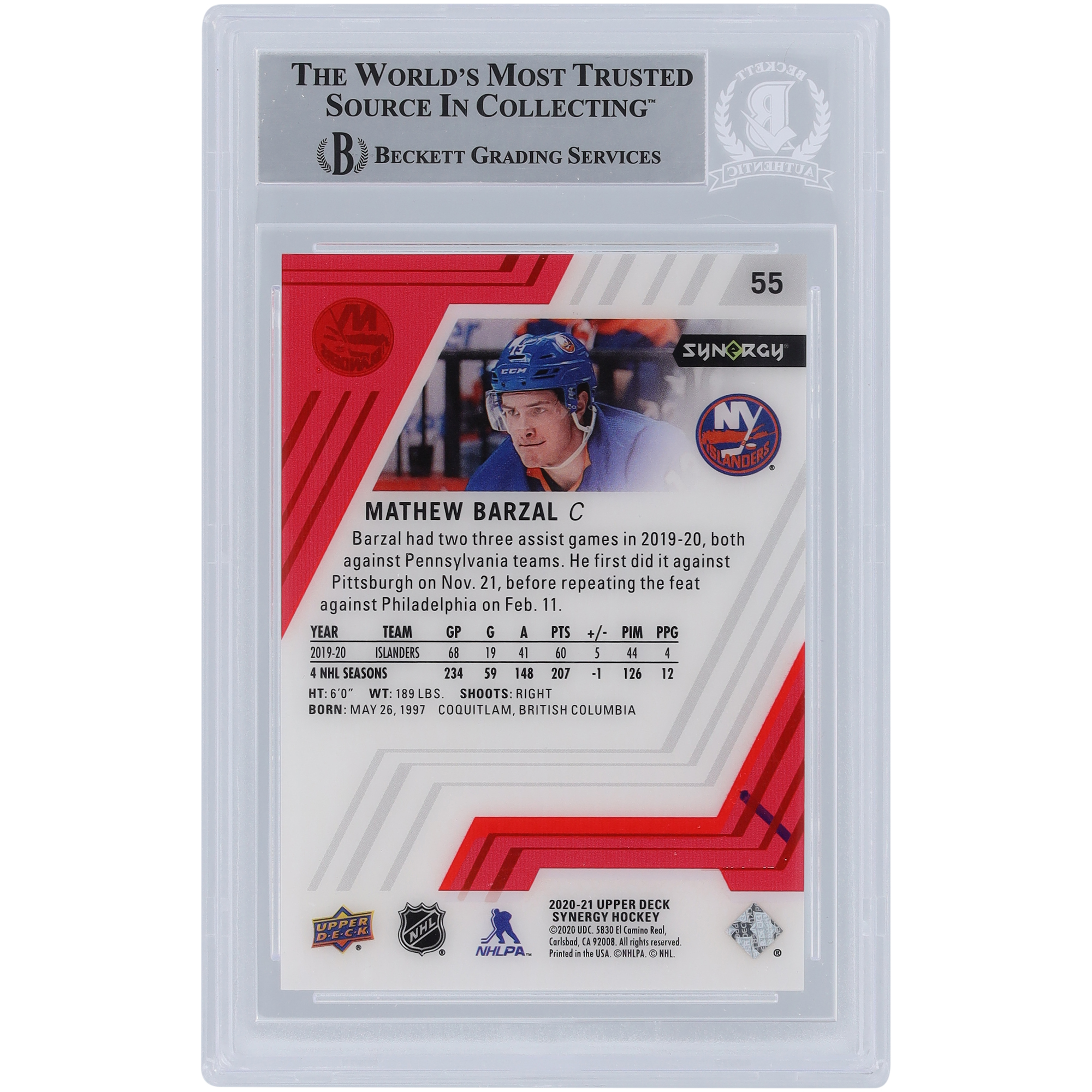 Mathew Barzal New York Islanders Autographed 2020-21 Upper Deck Synergy Red #55 Beckett Fanatics Witnessed Authenticated Card - Image 3