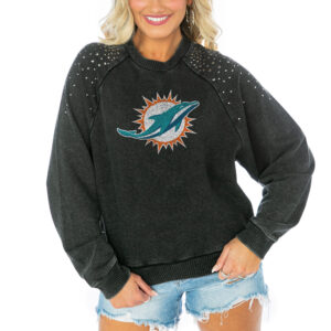 Women's Gameday Couture Charcoal Miami Dolphins French Terry Studded Cropped Pullover Sweatshirt