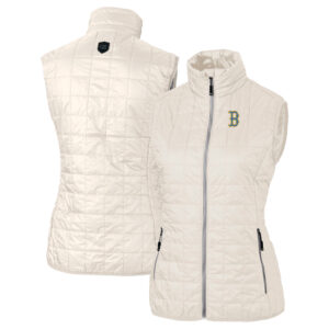 Women's Cutter & Buck  Oatmeal Boston Red Sox City Connect Rainier PrimaLoft Eco Insulated Full-Zip Puffer Vest