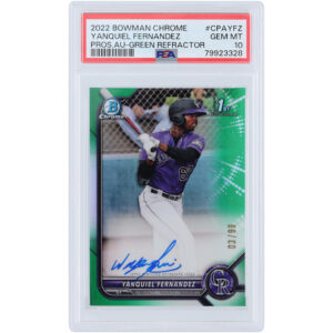 Yanquiel Fernandez Colorado Rockies Autographed 2022 Bowman Chrome Green Refractor #CPA-YFZ #3/99 PSA Authenticated 10 Rookie Card