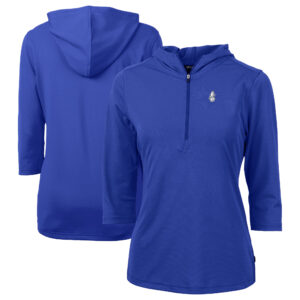 Women's Cutter & Buck Blue Chicago Cubs Cooperstown Collection DryTec Virtue Eco Pique Recycled 3/4-Sleeve Half-Zip Pullover Hoodie