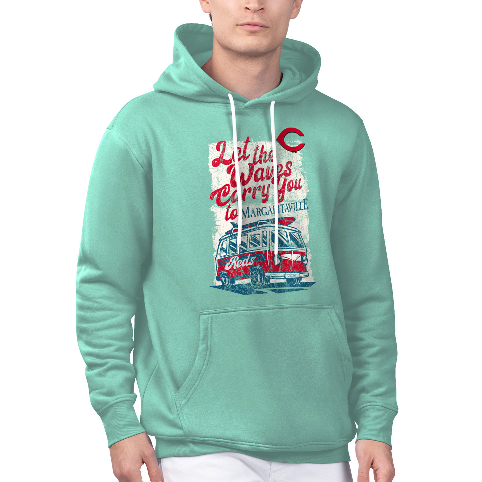 Men's Margaritaville Mint Cincinnati Reds Bus Waves Graphic Pullover Hoodie