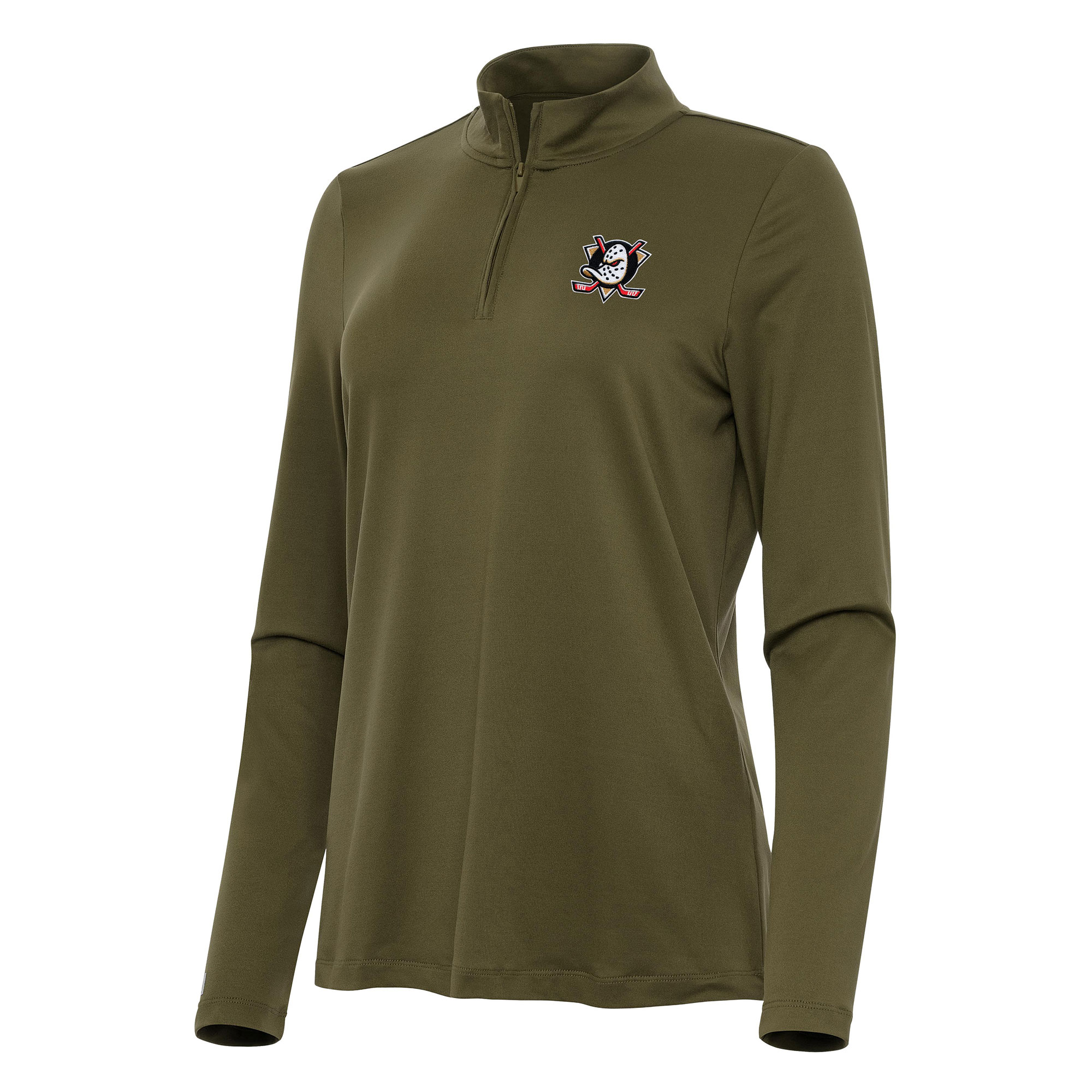 Women's Antigua Olive Anaheim Ducks Reprocess Quarter-Zip Top