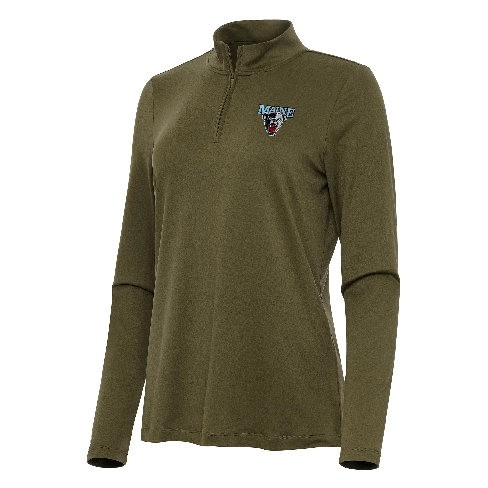 Women's Antigua Olive Maine Black Bears Reprocess Quarter-Zip Top