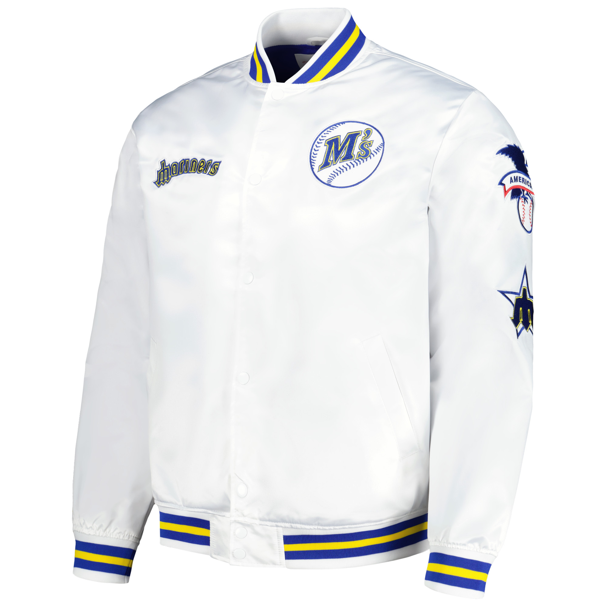 Men's Mitchell & Ness White Seattle Mariners City Collection Satin Full-Snap Varsity Jacket - Image 6