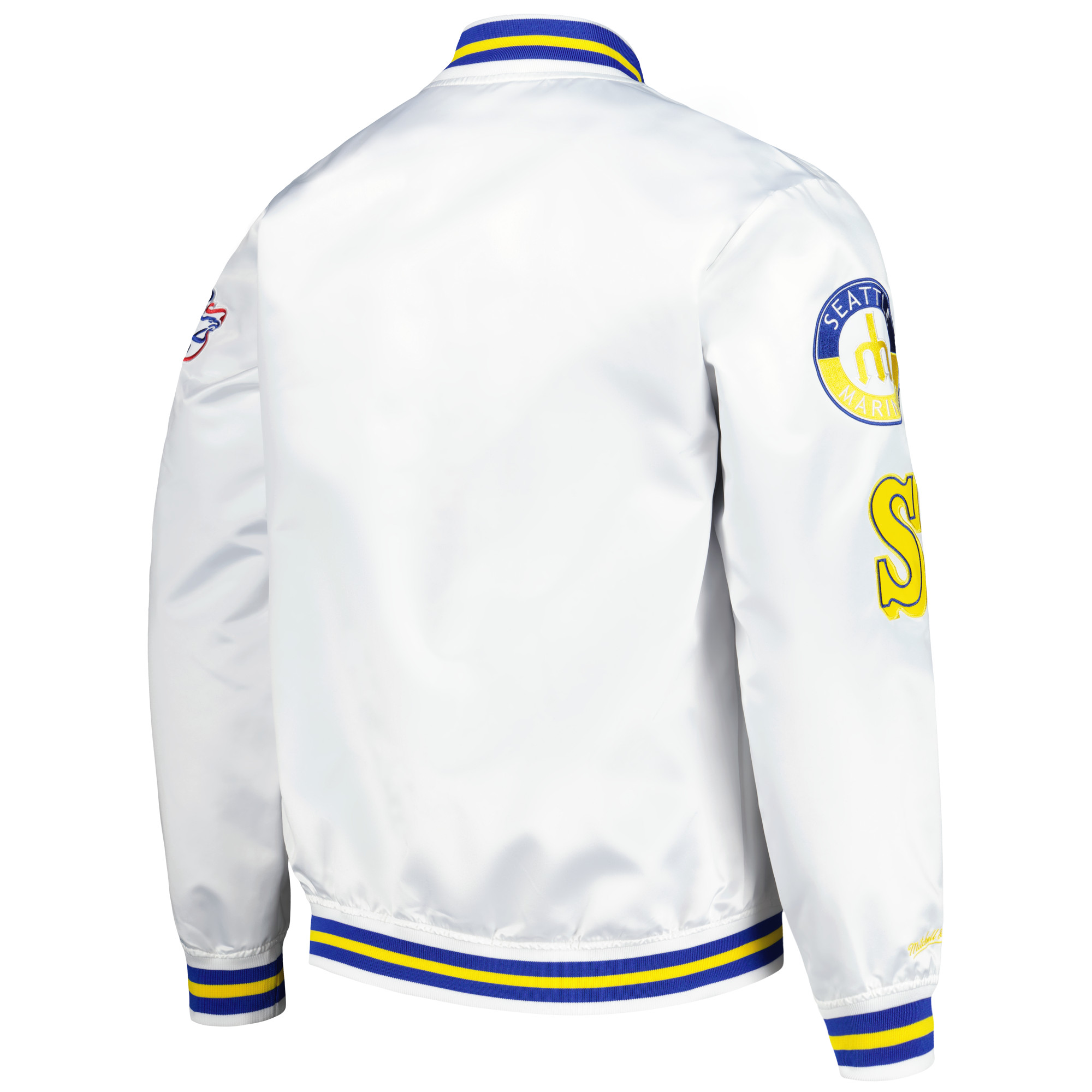 Men's Mitchell & Ness White Seattle Mariners City Collection Satin Full-Snap Varsity Jacket - Image 7