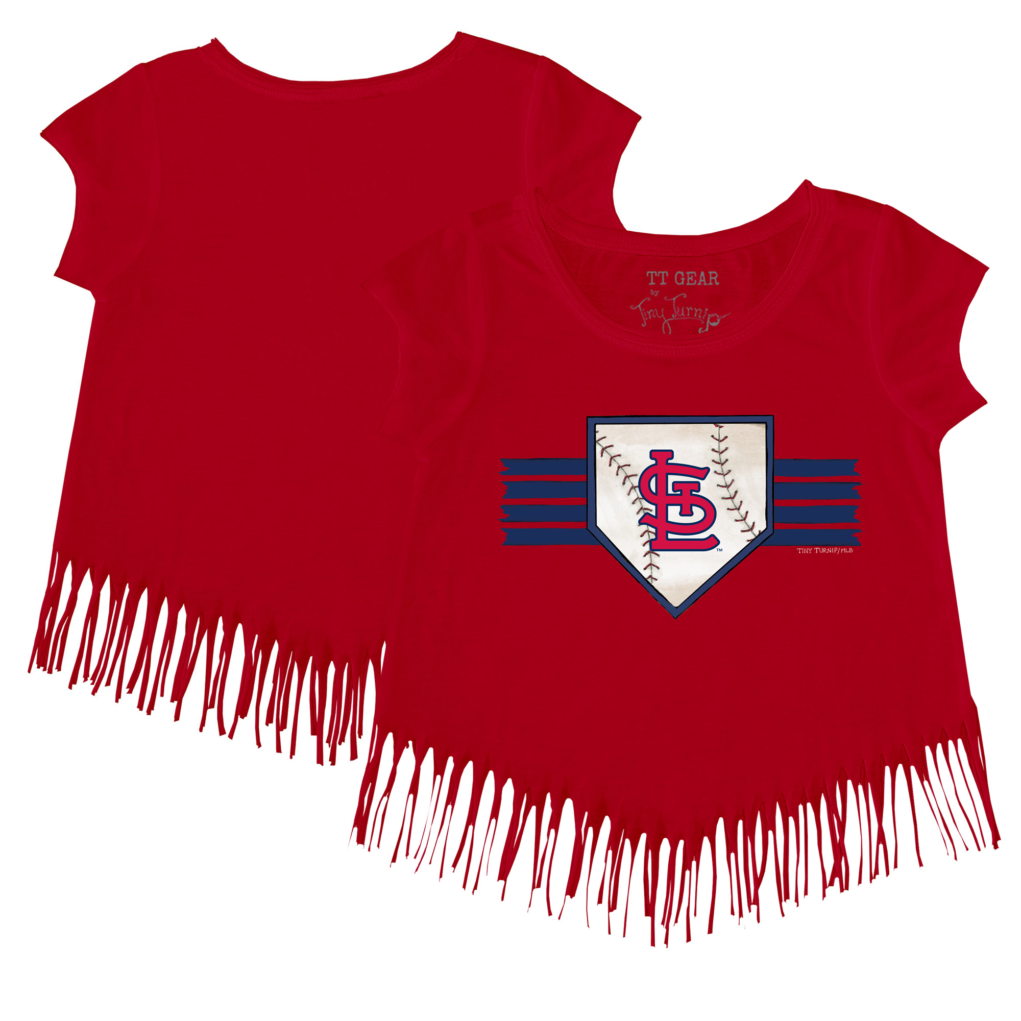 Girls Toddler Tiny Turnip Red St. Louis Cardinals Base Stripe Fringe T-Shirt