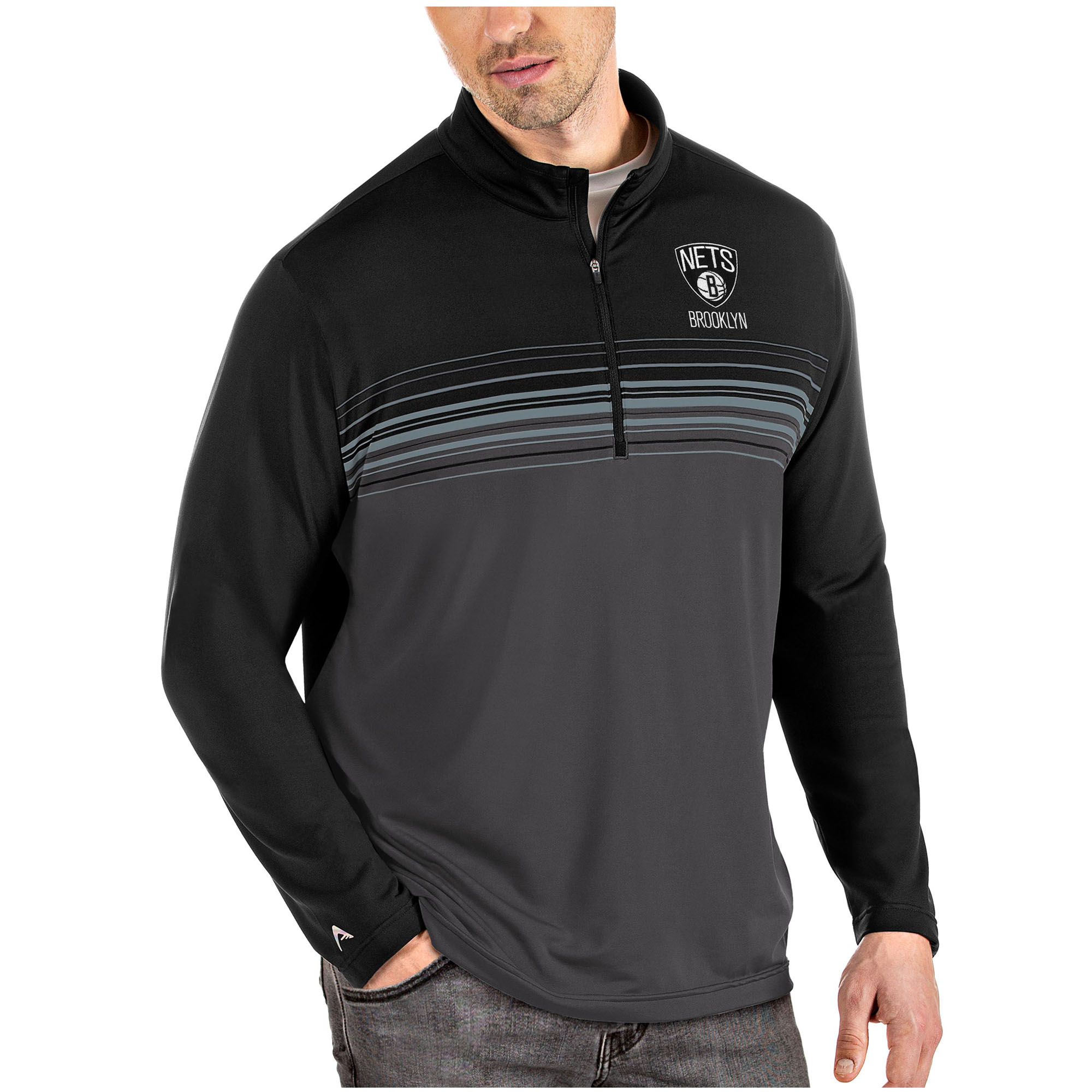 Men's Antigua Black/Gray Brooklyn Nets Big & Tall Pace Quarter-Zip Pullover Jacket