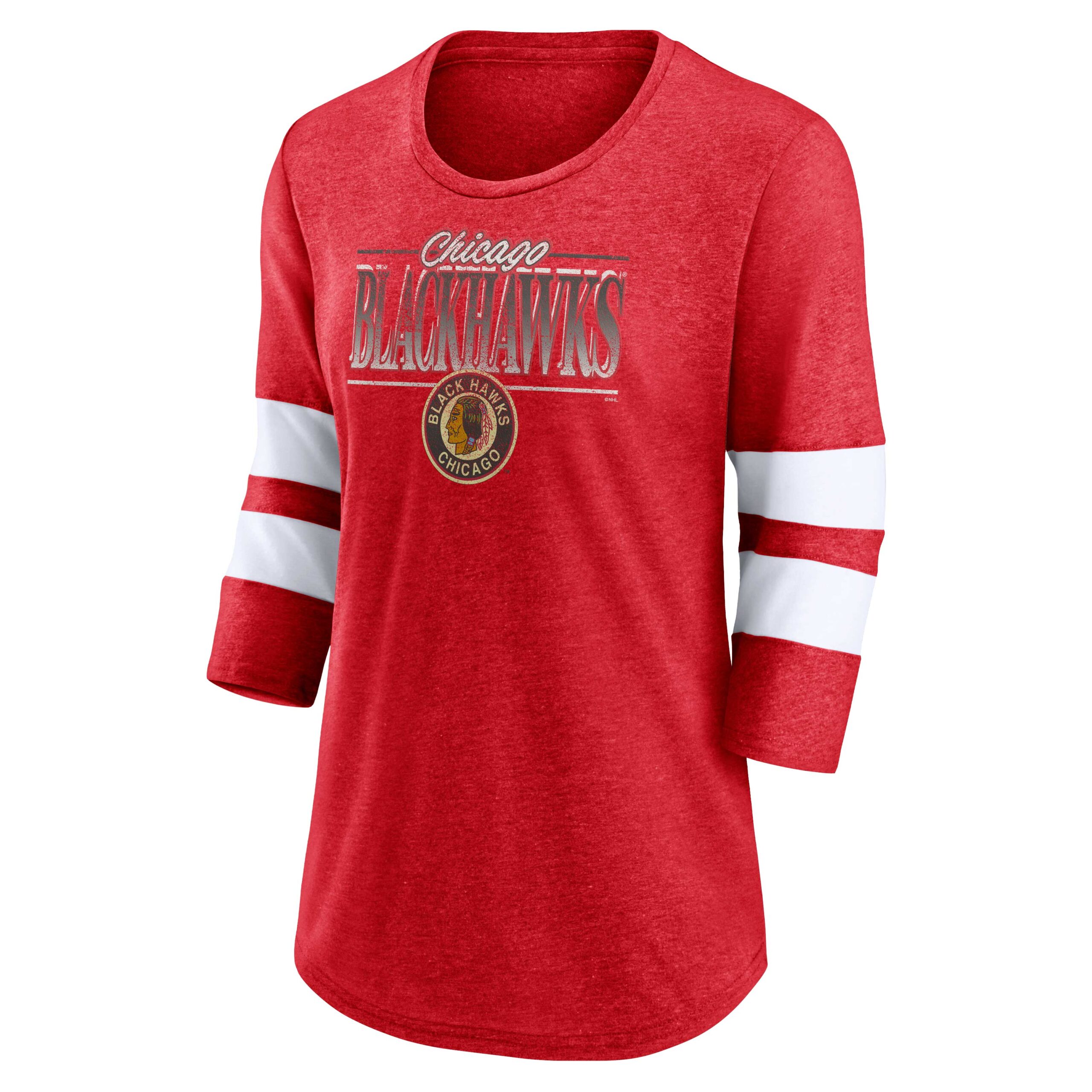 Women's Fanatics Heathered Red/White Chicago Blackhawks Full Shield 3/4-Sleeve Tri-Blend Raglan Scoop Neck T-Shirt - Image 3