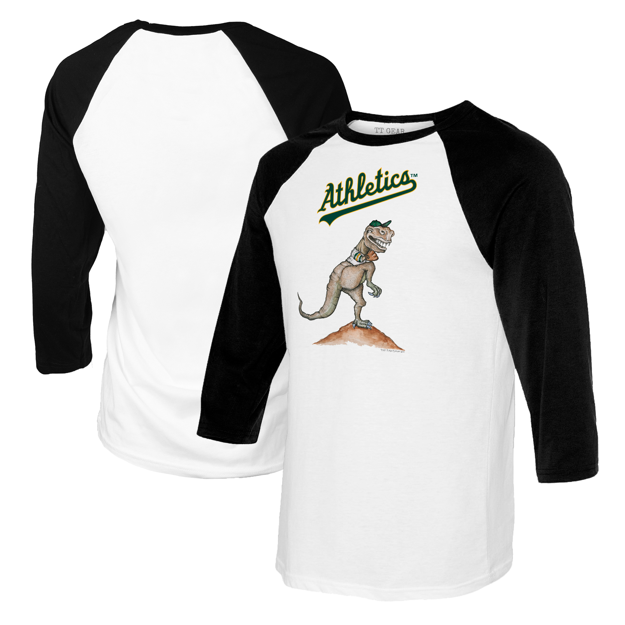 Youth Tiny Turnip White/Black Oakland Athletics TT Rex Raglan 3/4 Sleeve T-Shirt - Image 2