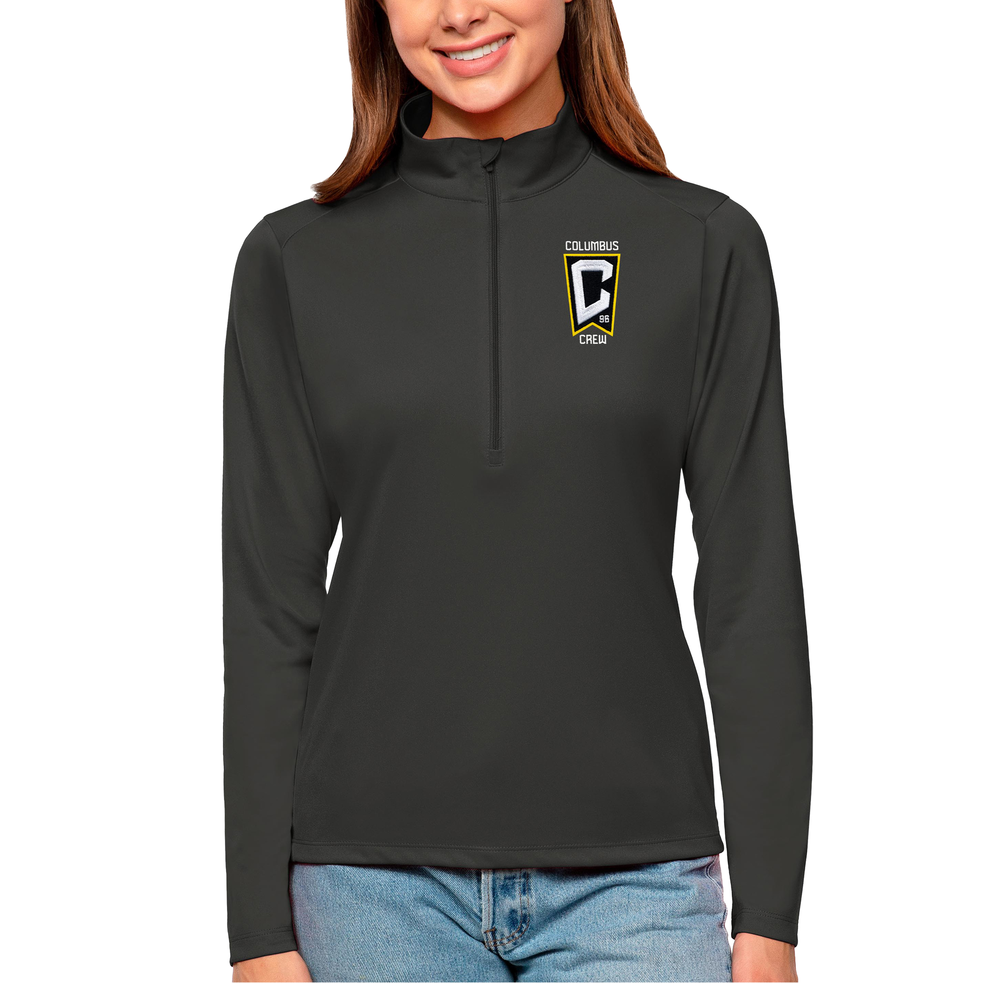 Women's Antigua Charcoal Columbus Crew Tribute Quarter-Zip Pullover Top