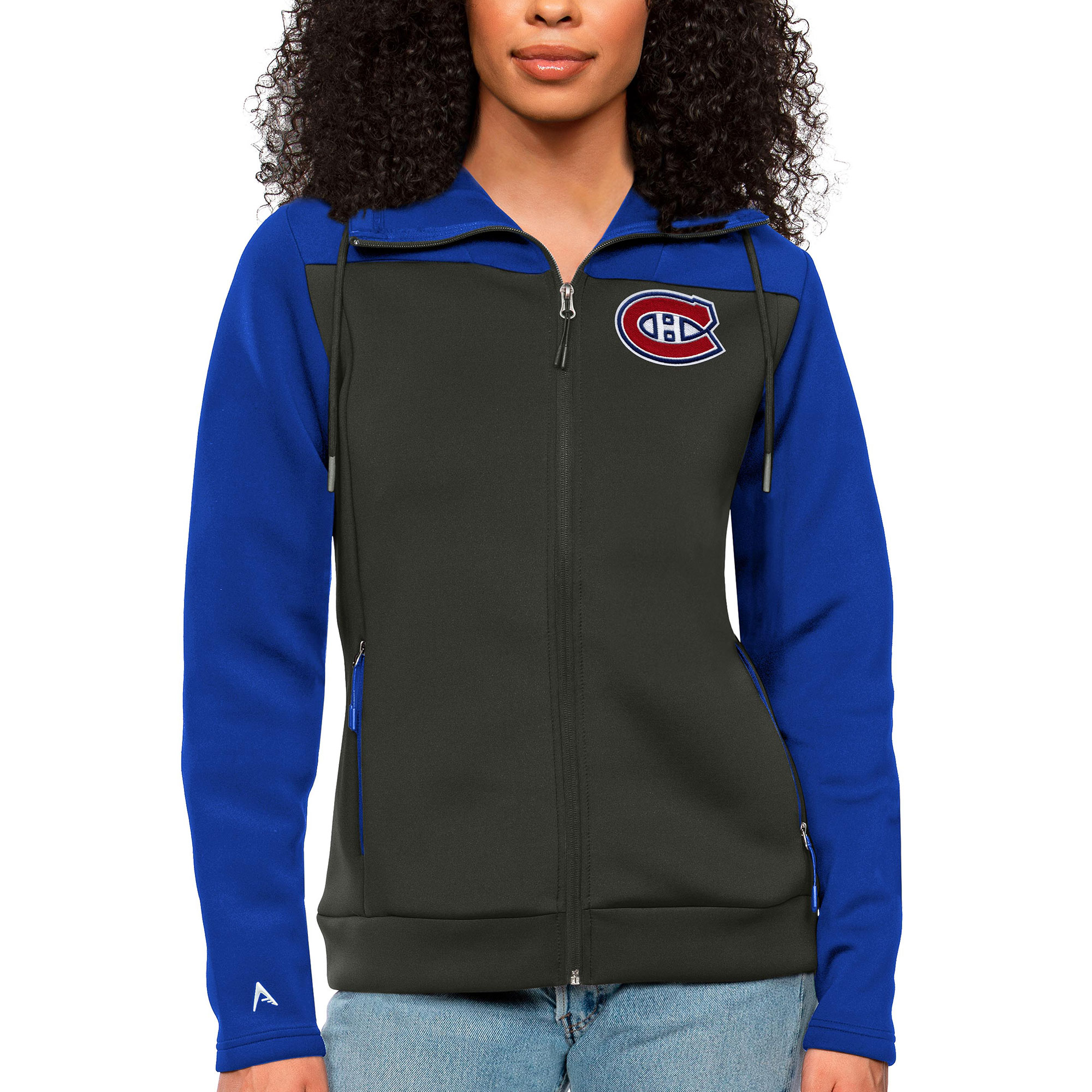 Women's Antigua Royal/Charcoal Montreal Canadiens Protect Full-Zip Hoodie