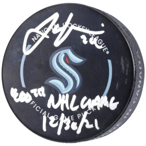 Jamie Oleksiak Seattle Kraken Autographed Official Game Puck with "400th NHL Game 12/30/21" Inscription