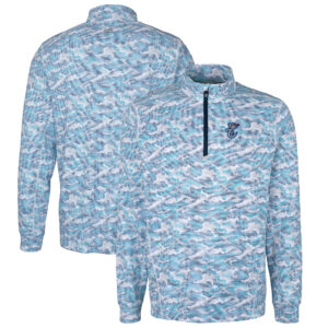 Men's Cutter & Buck Light Blue Corpus Christi Hooks Traverse Camo Print Stretch Quarter-Zip Pullover Top