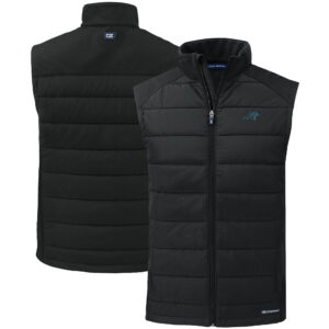 Men's Cutter & Buck Black Carolina Panthers Primary Mark Evoke PrimaLoft Hybrid Eco Softshell Recycled Full-Zip Vest