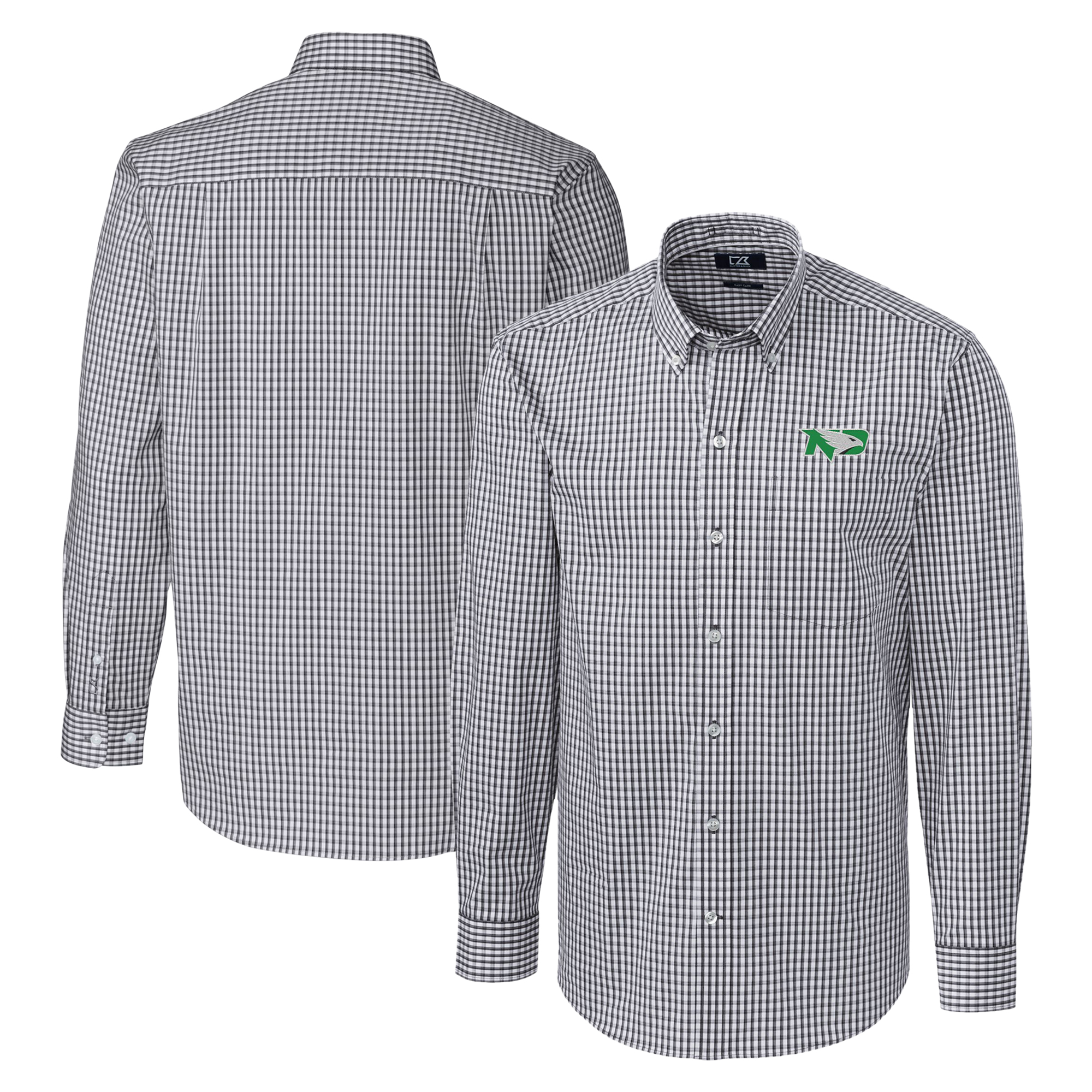 Men's Cutter & Buck Charcoal North Dakota Easy Care Stretch Gingham Long Sleeve Dress Shirt