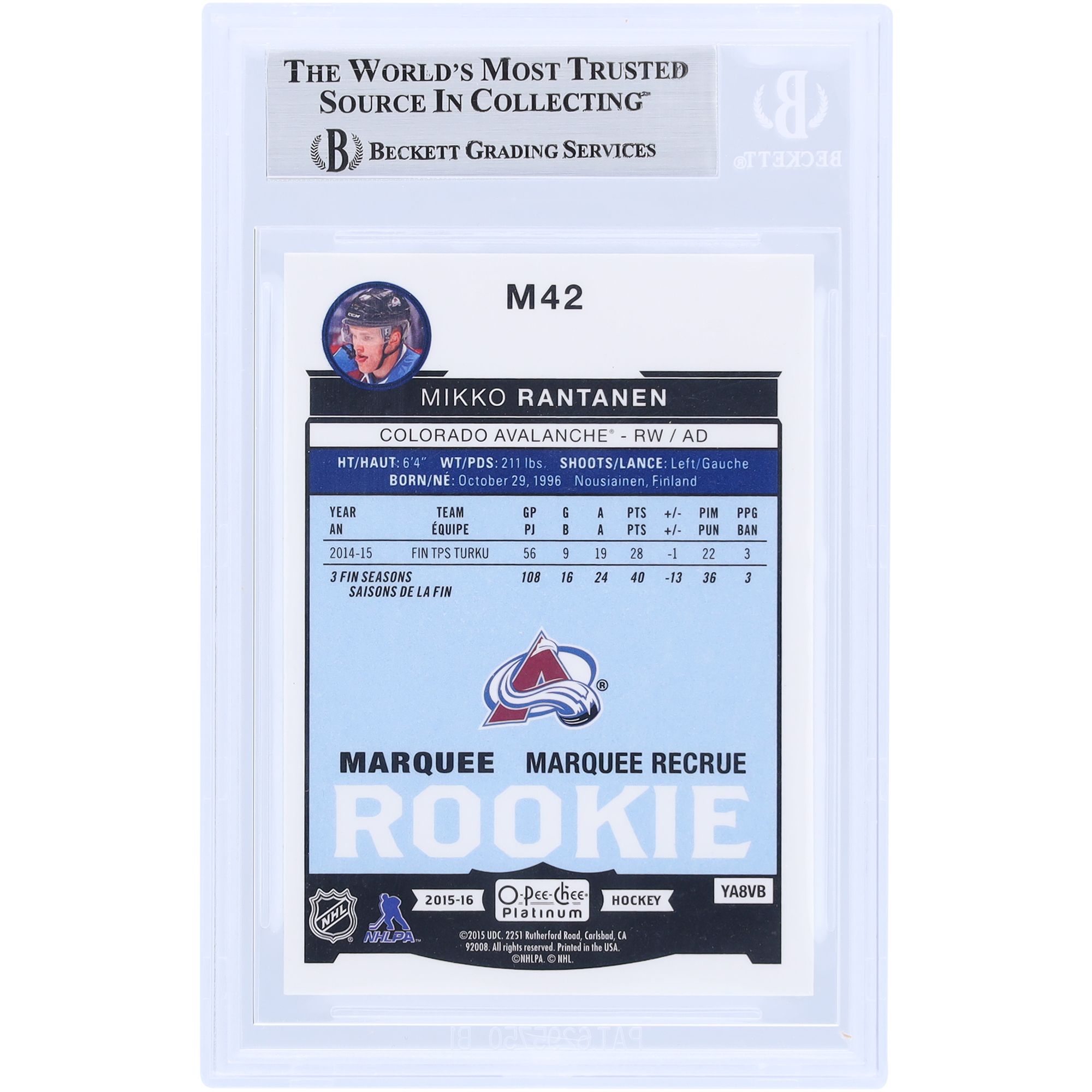 Mikko Rantanen Colorado Avalanche Autographed 2015-16 Upper Deck O-Pee-Chee Platinum Marquee Rookies #M42 Beckett Fanatics Witnessed Authenticated Rookie Card - Image 3