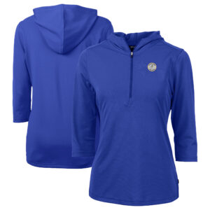 Women's Cutter & Buck Blue Milwaukee Brewers Cooperstown Collection DryTec Virtue Eco Pique Recycled 3/4-Sleeve Half-Zip Pullover Hoodie