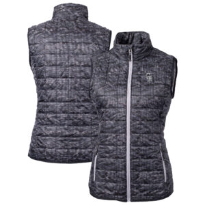 Women's Cutter & Buck Black Colorado Rockies Rainier PrimaLoft Eco Insulated Printed Full-Zip Puffer Vest