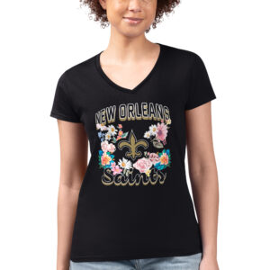 Women's G-III 4Her by Carl Banks Black New Orleans Saints Flowers Team Logo Graphic Fitted V-Neck T-Shirt