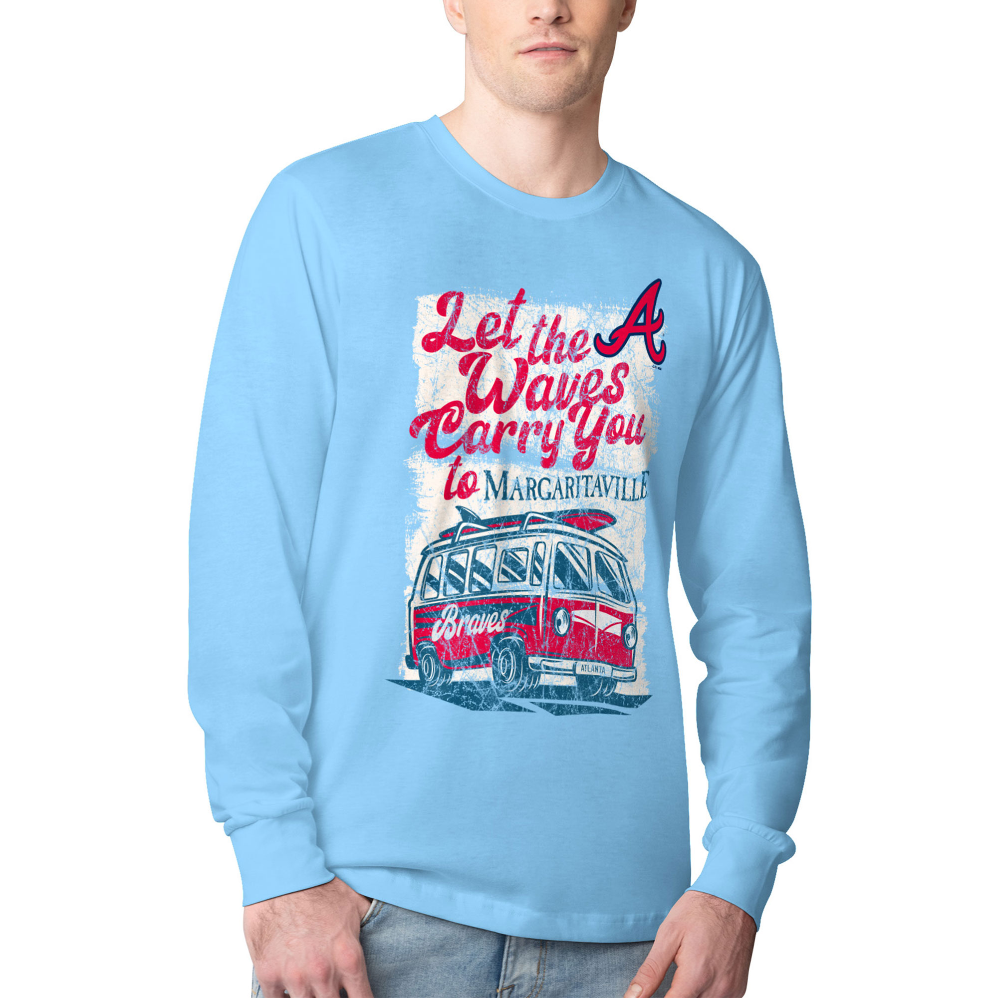 Men's Margaritaville Light Blue Atlanta Braves Bus Waves Graphic Long Sleeve T-Shirt