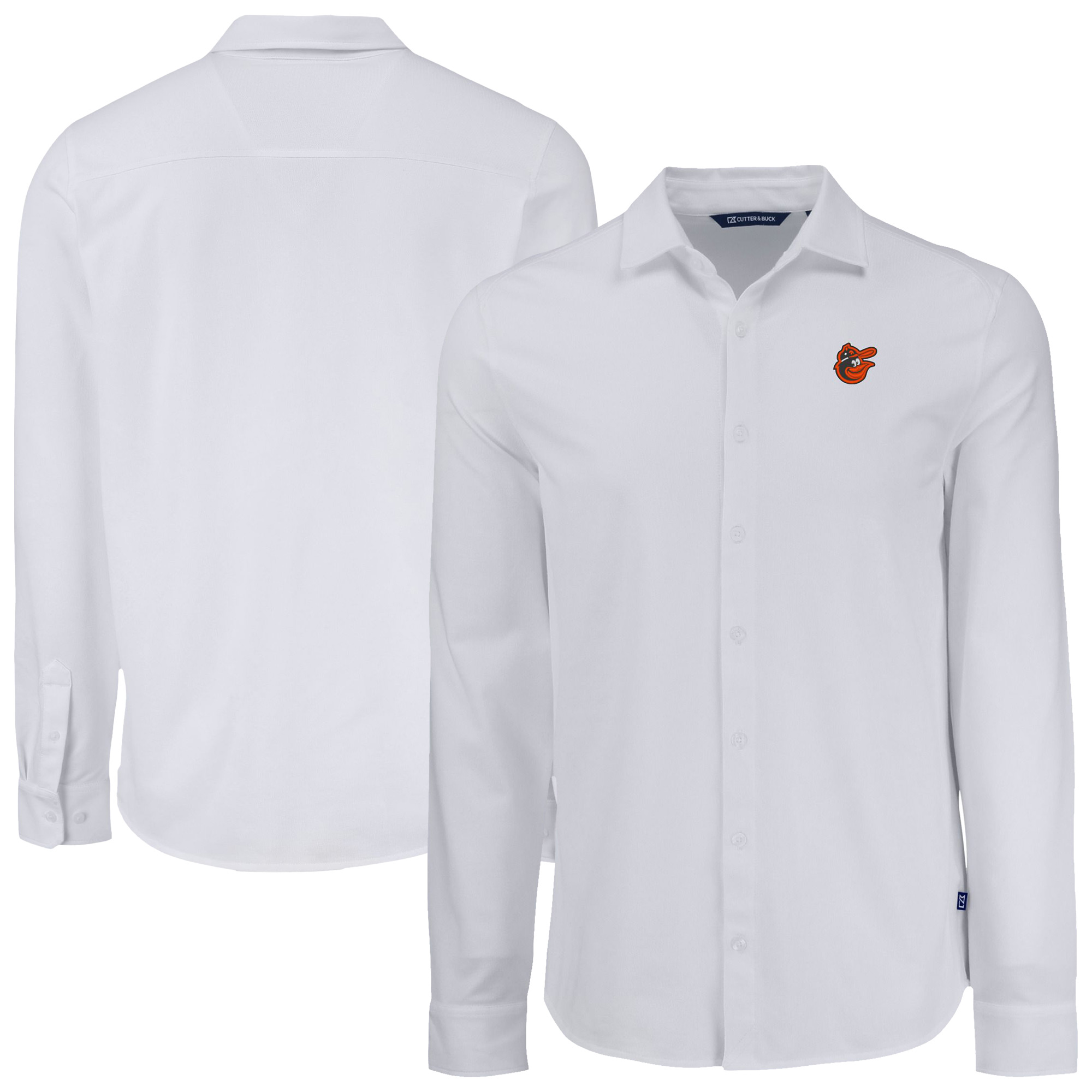 Men's Cutter & Buck White Baltimore Orioles Knitted Advantage Tri-Blend Eco Soft Pique Long Sleeve Button-Up Shirt - Image 2