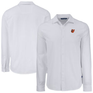 Men's Cutter & Buck White Baltimore Orioles Knitted Advantage Tri-Blend Eco Soft Pique Long Sleeve Button-Up Shirt
