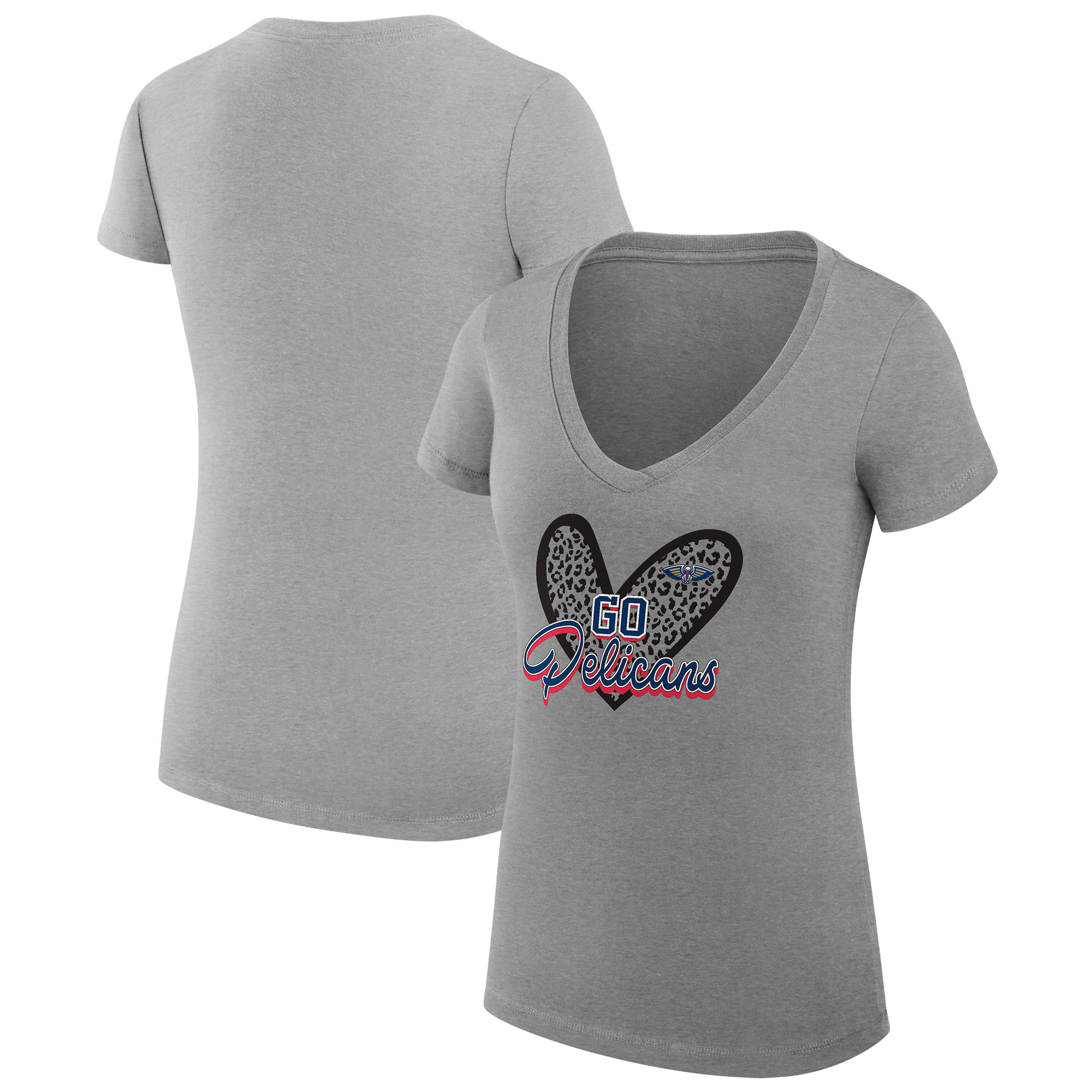 Women's G-III 4Her by Carl Banks Heather Gray New Orleans Pelicans Leopard Heart Fitted V-Neck T-Shirt