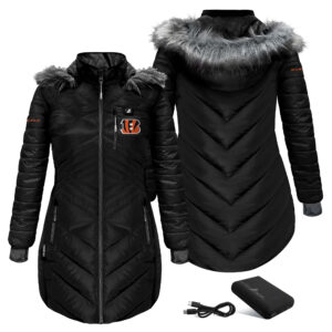Women's ActionHeat Black Cincinnati Bengals 5V Battery Heated Long Puffer Full-Zip Hoodie Jacket