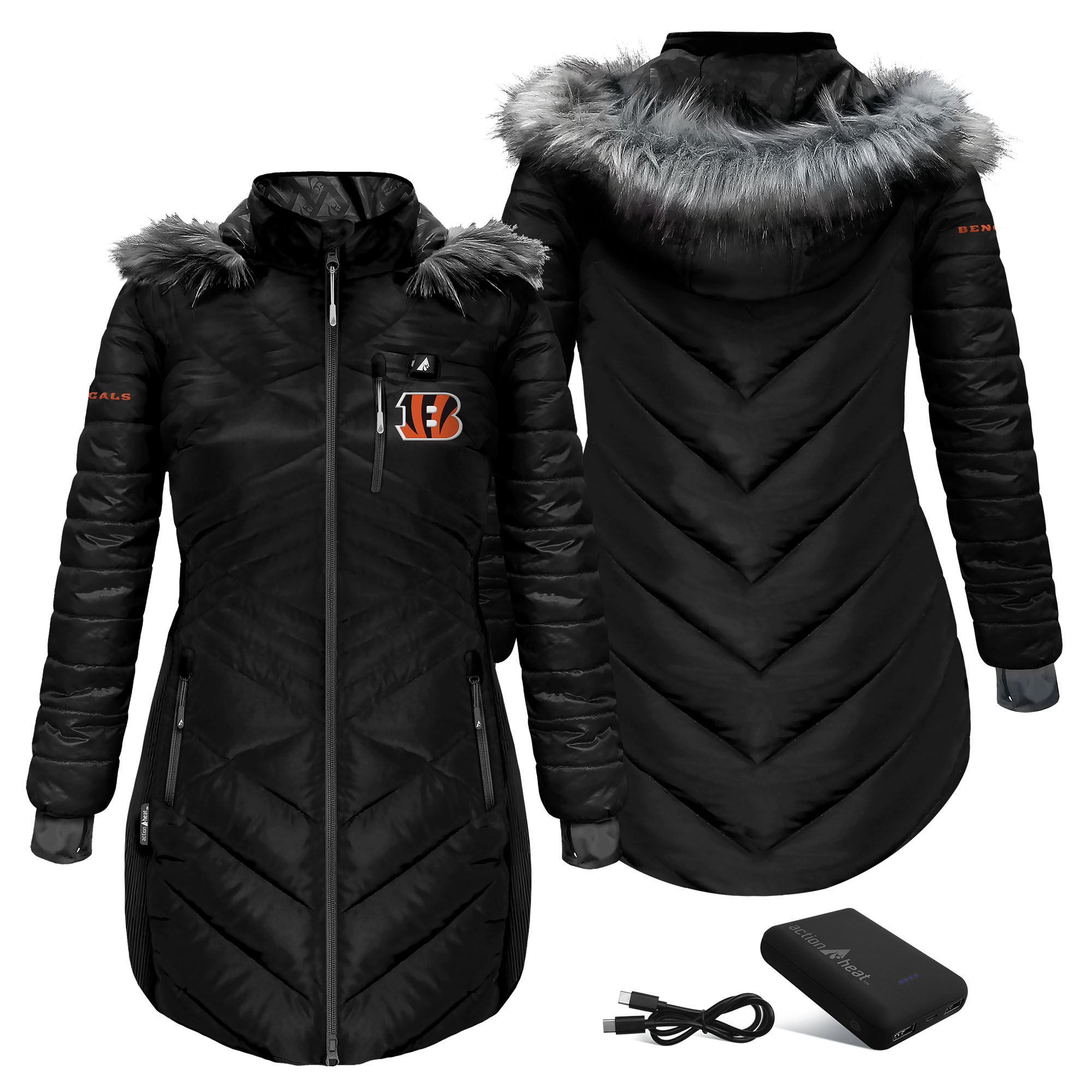 Women's ActionHeat Black Cincinnati Bengals 5V Battery Heated Long Puffer Full-Zip Hoodie Jacket