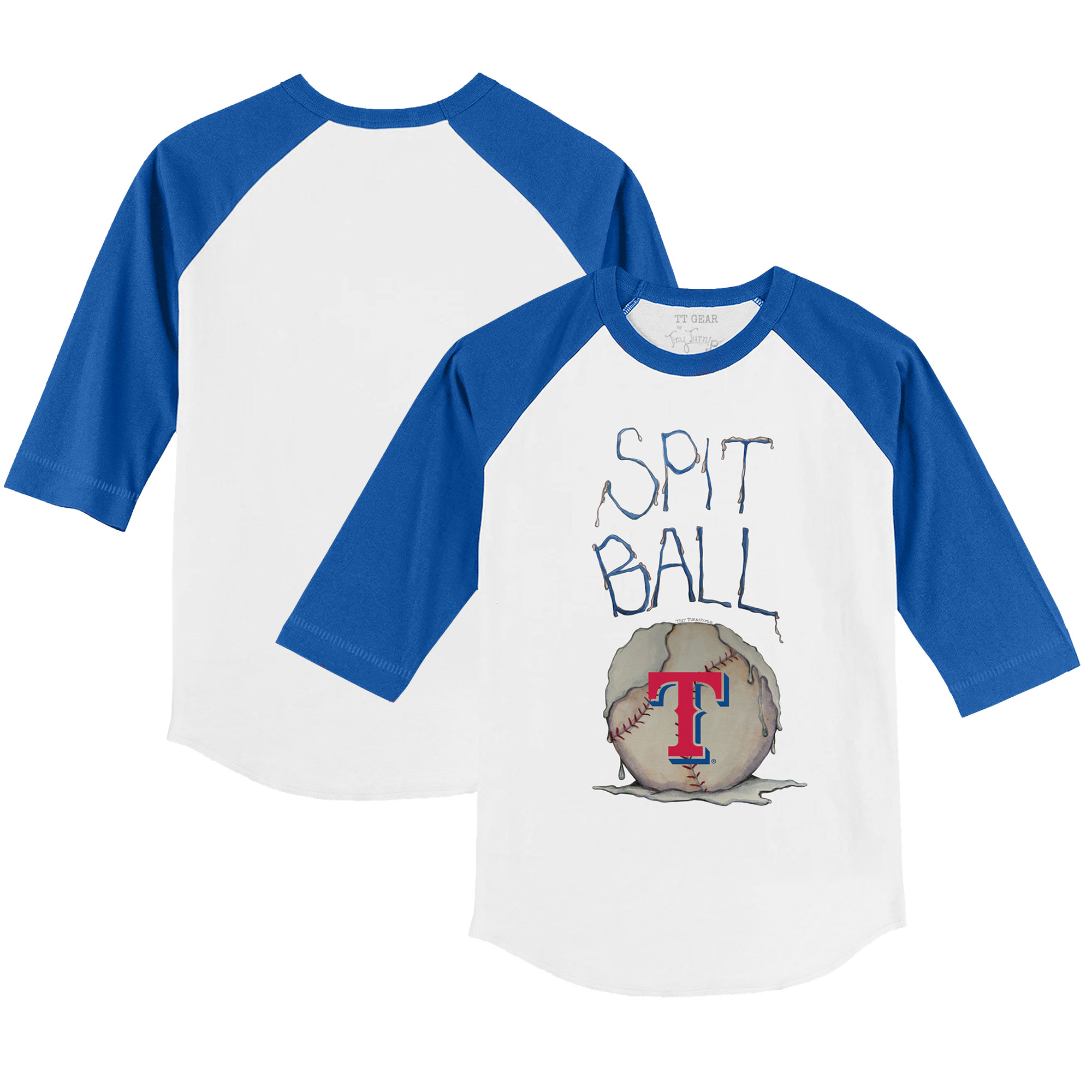 Toddler Tiny Turnip White/Royal Texas Rangers Spit Ball 3/4-Sleeve Raglan T-Shirt