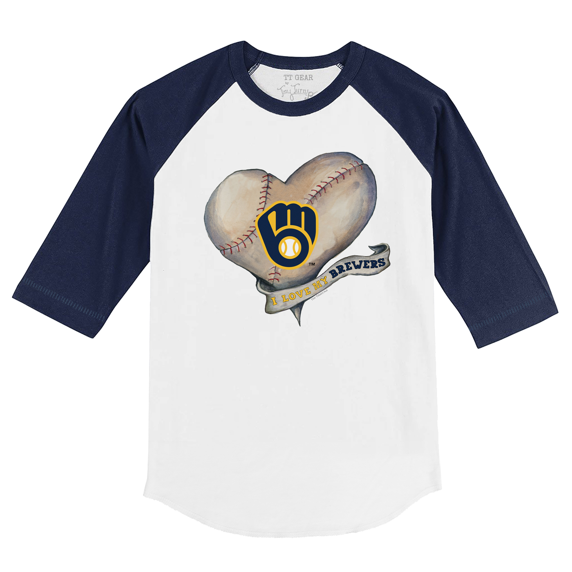 Youth Tiny Turnip White/Navy Milwaukee Brewers Heart Banner 3/4-Sleeve Raglan T-Shirt - Image 6