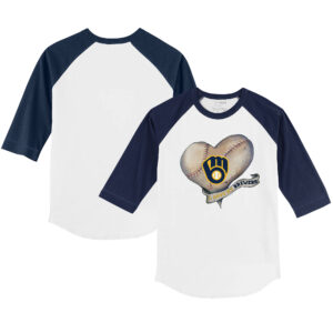 Youth Tiny Turnip White/Navy Milwaukee Brewers Heart Banner 3/4-Sleeve Raglan T-Shirt