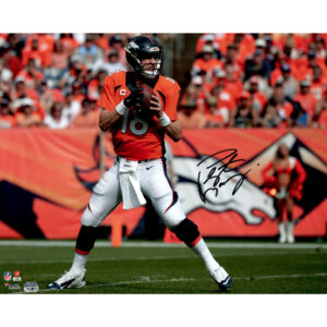 Peyton Manning Denver Broncos Autographed 16" x 20" Orange Jersey Drop Back Photograph