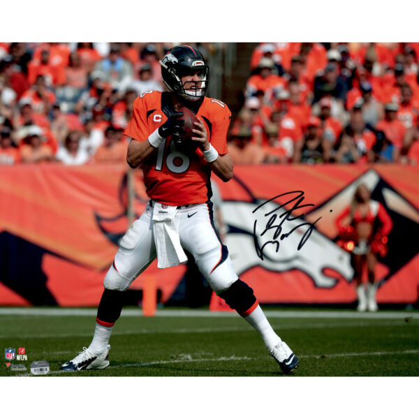 Peyton Manning Denver Broncos Autographed 16" x 20" Orange Jersey Drop Back Photograph