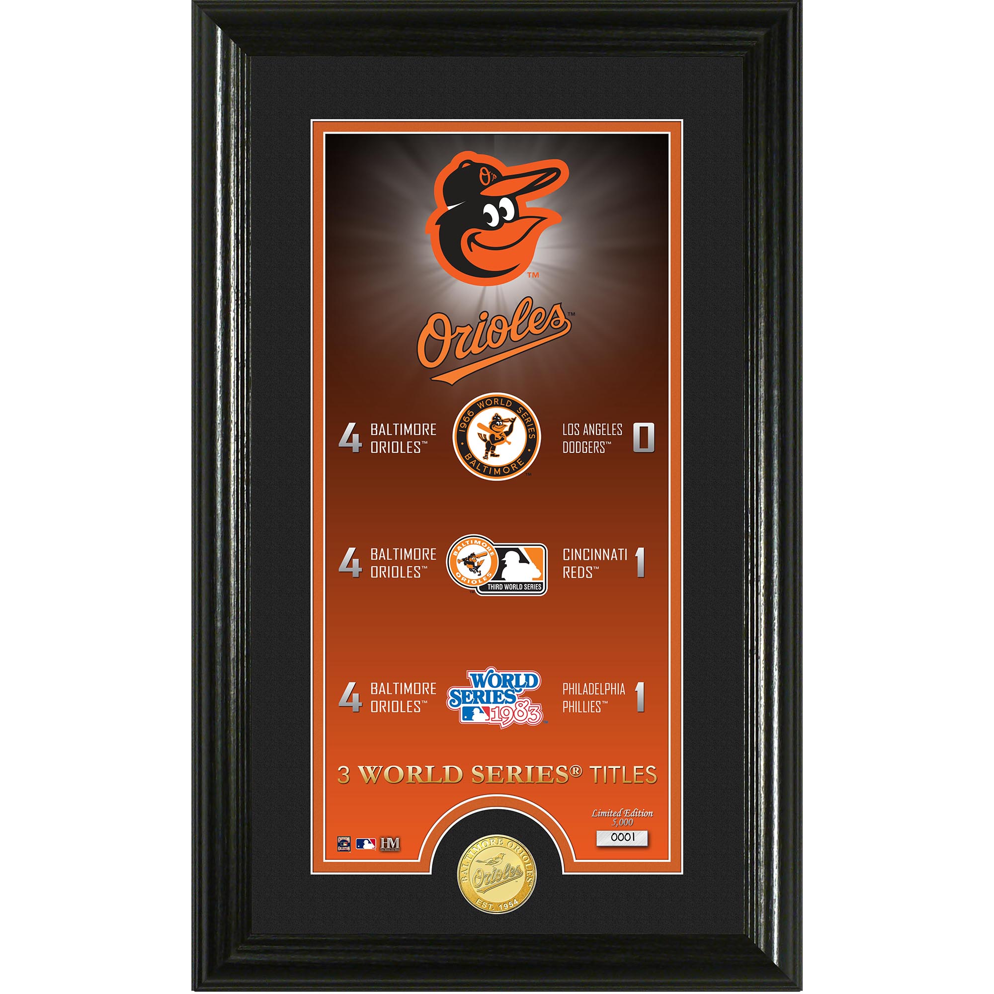 Highland Mint Baltimore Orioles 12" x 20" World Series Championships Legacy Supreme Photomint