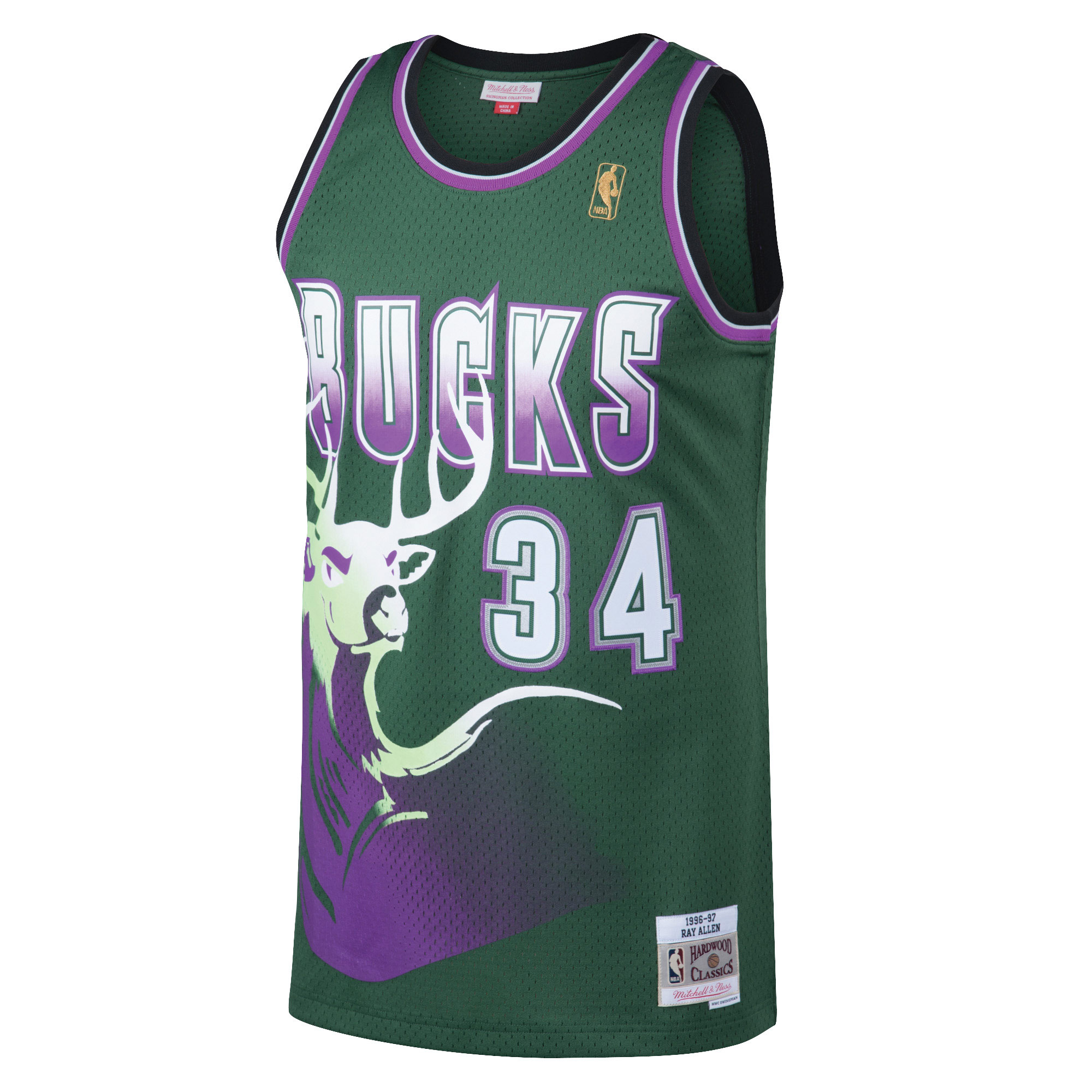 Men's Mitchell & Ness Ray Allen Kelly Green Milwaukee Bucks 1996/97 Hardwood Classics Swingman Jersey - Image 6