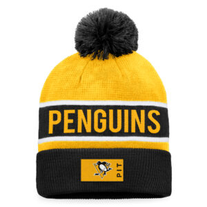 Men's Fanatics Black/Gold Pittsburgh Penguins Authentic Pro Rink Cuffed Knit Hat with Pom