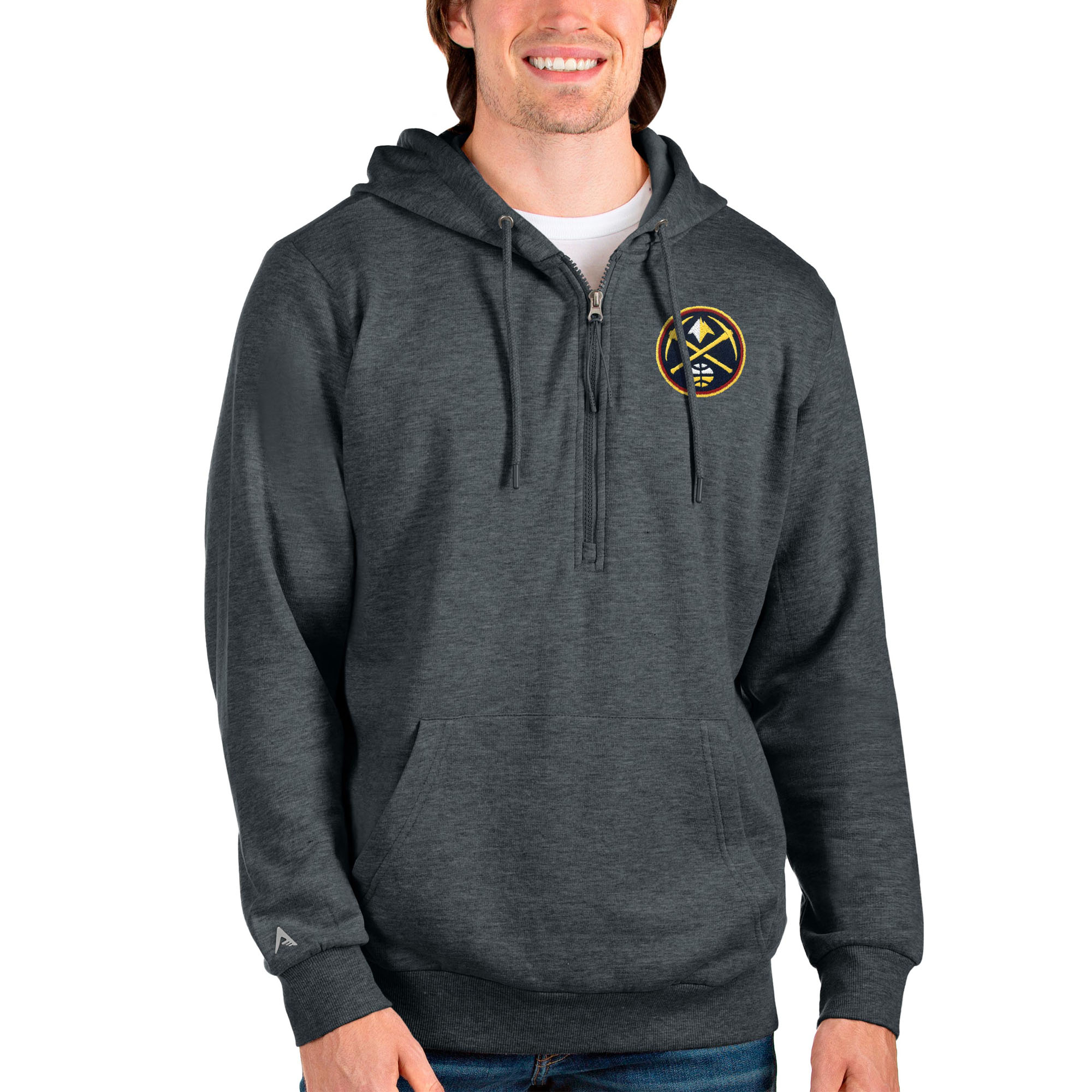 Men's Antigua Heathered Charcoal Denver Nuggets Action Quarter-Zip Pullover Hoodie