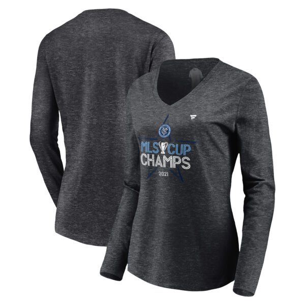 Women's Fanatics Heathered Charcoal New York City FC 2021 MLS Cup Champions Locker Room Long Sleeve V-Neck T-Shirt