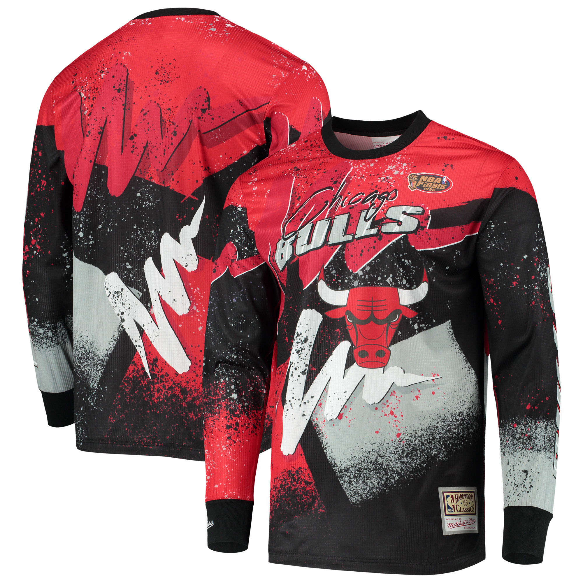 Men's Mitchell & Ness Red Chicago Bulls Hardwood Classics Hyper Hoops Moto Sublimated Long Sleeve T-Shirt