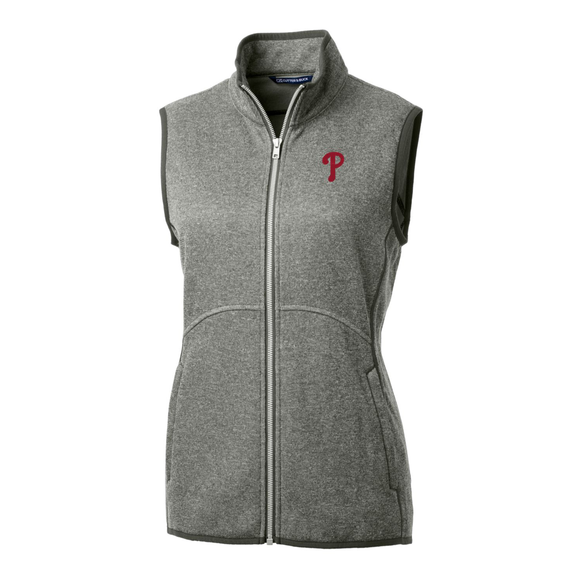 Women's Cutter & Buck Heathered Gray Philadelphia Phillies Mainsail Sweater-Knit Full-Zip Vest - Image 6