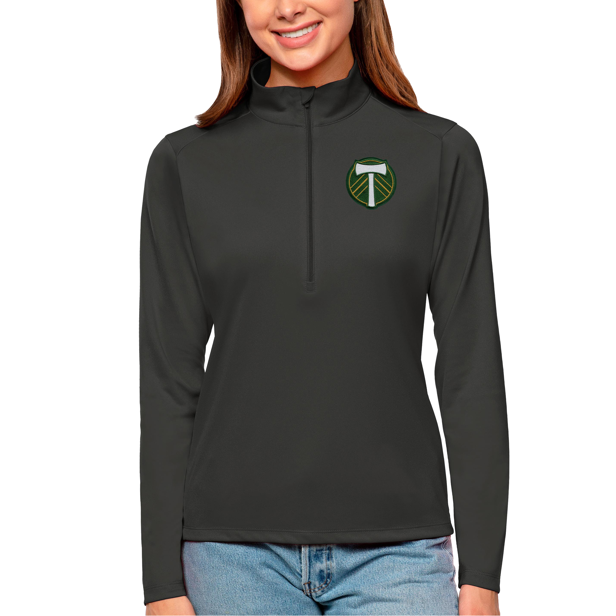 Women's Antigua Charcoal Portland Timbers Tribute Quarter-Zip Pullover Top