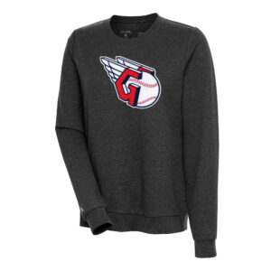 Women's Antigua Heather Black Cleveland Guardians Action Crewneck Pullover Sweatshirt