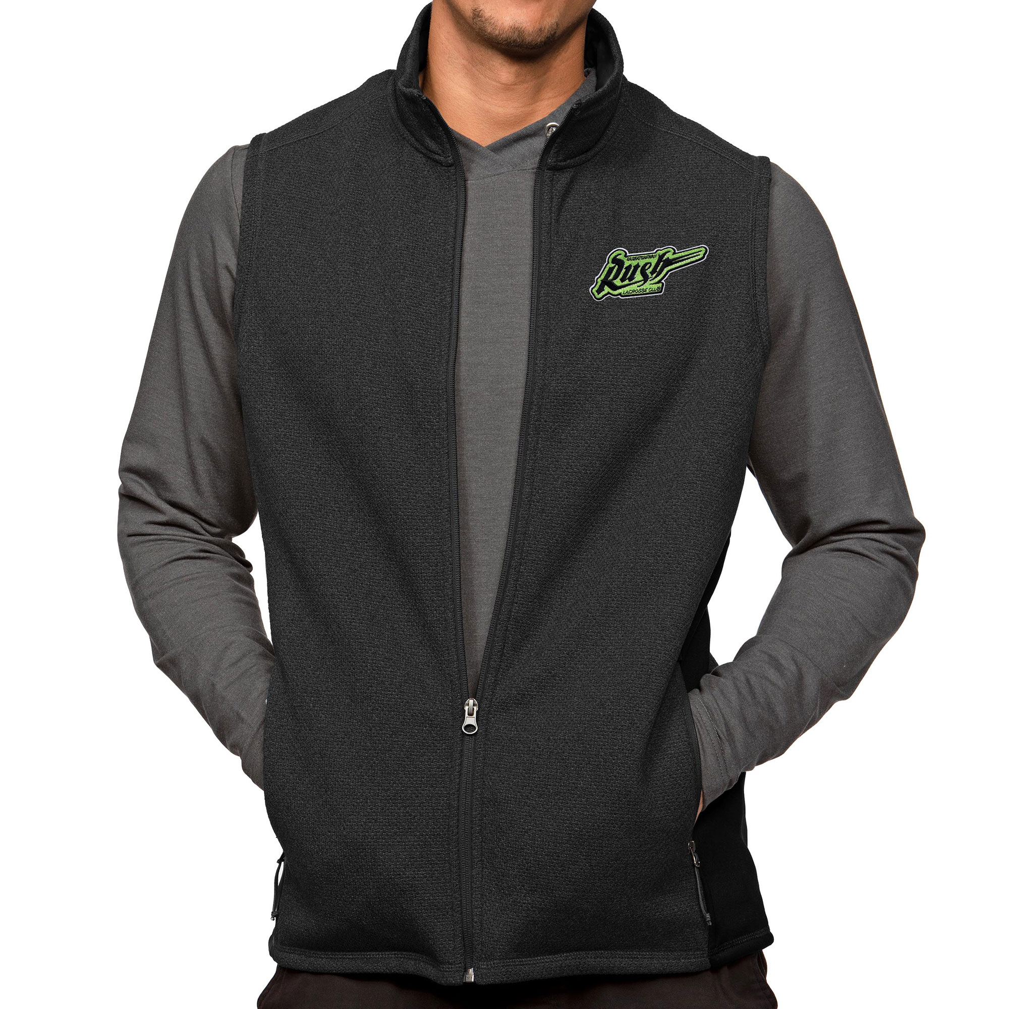 Men's Antigua Heather Black Saskatchewan Rush Course Full-Zip Vest